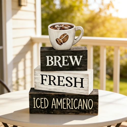 4 Pcs Coffee Bar Decor Wooden Blocks Rustic Farmhouse Sign For Coffee Table Decorations And Shelf Accessories Gift - style: Coffee