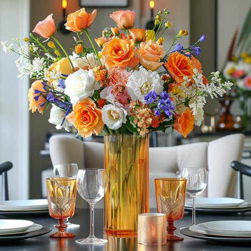 ComSaf Glass Cylinder Vases, Bud Vase for Centerpieces, 8 Inch Tall Ribbed Vase Hurricane Floating Candle Holder, Decorative Flower Vases for Wedding Reception, Home Decor, Housewarming Gift (Amber) - color: Amber