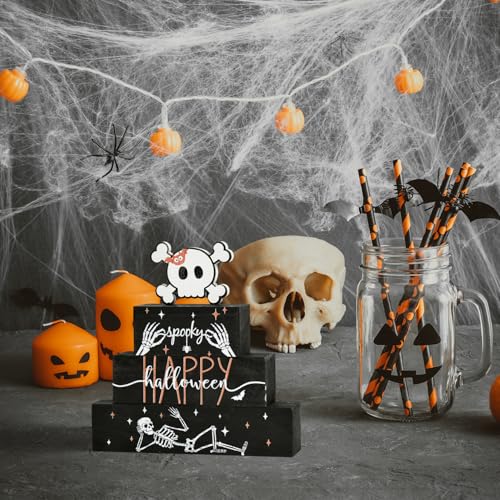 Smile 4 Pcs Wooden Blocks Signs, Happy Halloween Indoor Decorations, Skull Farm Decor Spooky Rustic for Home Table Shelf and Kitchen - style: Skull