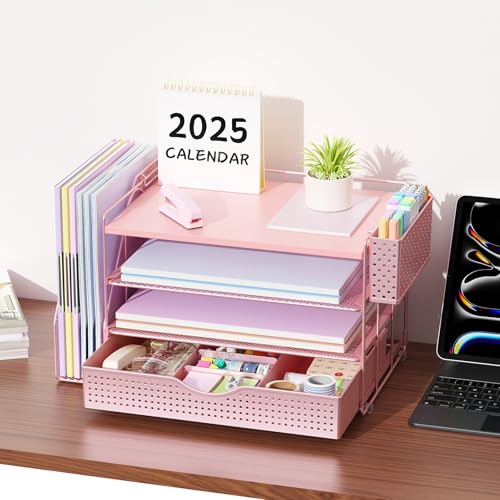 gianotter Wood Desk Organizers and Accessories with File Holder, 4-Tier Desk Accessories & Workspace Organizers with Drawer and Pen Holder, Paper Organizer for Office Supplies (Pink) - color: Pink