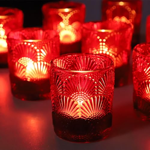 Woho Red Votive Candle Holders Set of 12 for Boho Wedding Table, Ginkgo Leaves Design Tealight Candle Holder Vintage for Christmas Decorations, Glass Tea Lights Candle Holder for Valentines Day Decor - color: Red