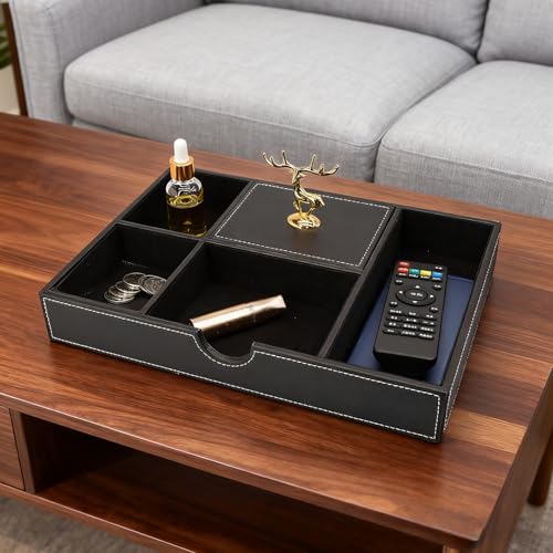 Jewelry Trays Nightstand Organizer, Valet Tray for Men and Women, Dressing Table Storage Box, Dark Brown Faux Leather, 5 Compartment - color: black