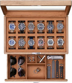 ROTHWELL 12-Slot Solid Walnut Watch Box with Valet Drawer - Premium Jewelry Display Case Organizer with Locking Glass Top and Microsuede Liner for Men & Women (Tan Interior) - color: Walnut / Tan