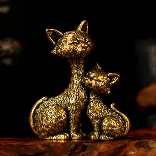 CHOVY Solid Brass Mother & Kitten Cat Statue - Handcrafted Vintage Figurine 100% Pure Metal, Artisanal Collectible Sculpture for Desk, Curio Cabinet & Mid-Century Home Decor Display - color: Big and Little Cats