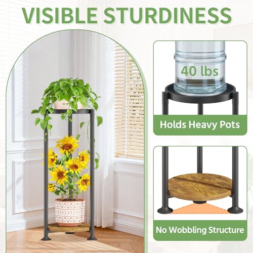 KMOTASUO 2 Tier Black Plant Stand Indoor for Large Tall Heavy Duty Planter, Multiple Sturdy Metal Flower Corner Rack for Narrow House Floor, Iron Vertical Level Round Orchi Holder Organizer, Modern - color: Black + Brown, size: 2 Tier