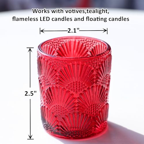 Woho Red Votive Candle Holders Set of 12 for Boho Wedding Table, Ginkgo Leaves Design Tealight Candle Holder Vintage for Christmas Decorations, Glass Tea Lights Candle Holder for Valentines Day Decor - color: Red