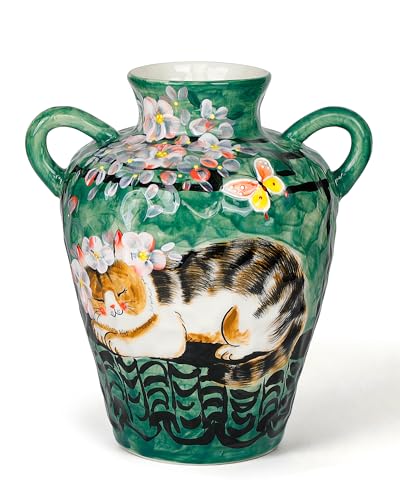 10.5 Inch Ceramic Vase with Hand-Painted Cat & Floral Design, Green Decorative Flower Vase with Handles for Home Decor, Boho Table Centerpiece, Ideal Gift for Plant Enthusiasts - color: Green-cat