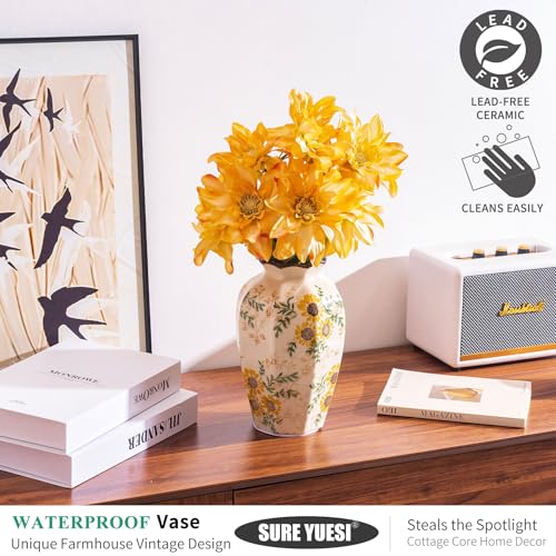 for Mom from Daughter or Son, Hand-Painted Sunflower Vintage Ceramic Octagonal Vase 9.1”, Green Yellow Beige Floral Vase for Bouquet, Mantle, Table Centerpiece, Bookshelf, Office - color: Yellow Sunflower - 003