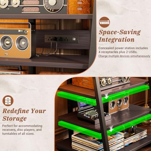 Armocity 4-Tier AV Media Stand with Power Strips, Stereo Stand with LED Lights, Rack Audio Tower with Adjustable Shelves, Small Entertainment Center, 30'', Black Ebony - color: Black Ebony, size: 30" (H)