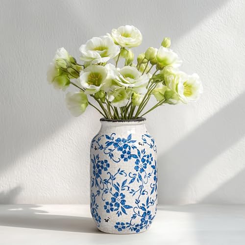 Blue and White Vase, Ceramic Flower Vases, Rustic Vintage Chinoiserie Vase for Home Decor, Farmhouse Decor, Shelf, Living Room, Bedroom, Table Decoration, 9 inch, Blue and White - color: Blue and White
