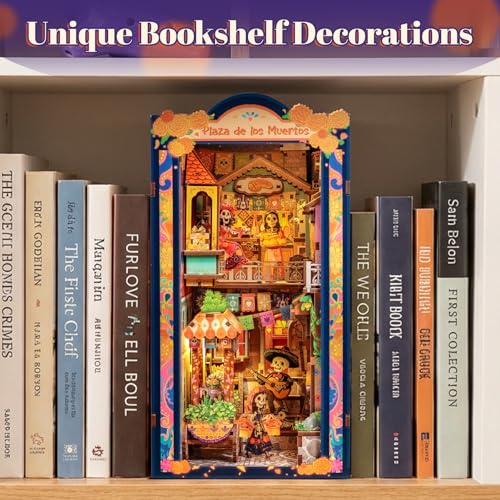 Fsolis Book Nook Kit Día De Muertos - 3D Wooden Puzzles for Adults DIY Miniature House Bookshelf Decor Decorative Bookends Gifts for Women Book Lovers (Plaza de Los Muertos) - style: Plaza de Los Muertos