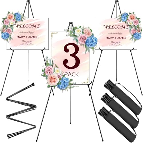 AROIC 63" Easel Stand for Display, 3 Pack Portable Foldable Metal Easel, Easels for Signs Wedding Logos,Arts, Painting,Adjustable Floor Easels with 3 Storage Bag - style: 3P