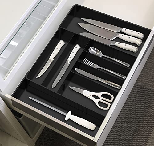 Simple Houseware Expandable Kitchen Drawer Flatware Organizer, Black – Adjustable Cutlery Tray with 9 Compartments for Utensils and Silverware - color: Black
