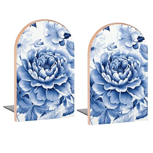 Blue and White Floral Book Ends Decorative Wood Bookends for Shelves Kids Room Desk Home Office Book Stoppers for Magazines,Books, DVDs, 1 Pair/2 Pieces(5x3.1 in)