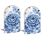 Blue and White Floral Book Ends Decorative Wood Bookends for Shelves Kids Room Desk Home Office Book Stoppers for Magazines,Books, DVDs, 1 Pair/2 Pieces(5x3.1 in)