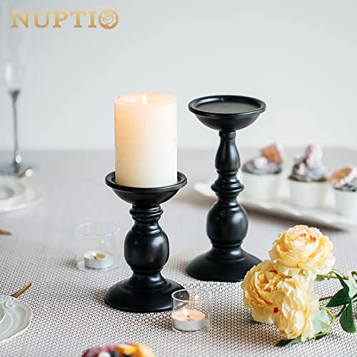 Nuptio Black Candle Holder for Pillar Candles - 2 Pcs Rustic Candle Holders Set Metal Candle Stand Tall Retro Fall Pillar Candleholder for Halloween Easter Farmhouse Fireplace Home Table Centerpiece - color: Black, size: S + L