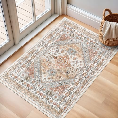 zesthome 2x3 Entryway Rug, Soft Washable Rugs, Non Slip Area Rug, Stain Resistant Low Pile Rugs for Bedroom, Vintage Rug for Door Mat, Kitchen (Orange,2'x3') - color: Orange, size: 2' x 3' (Rectangular)