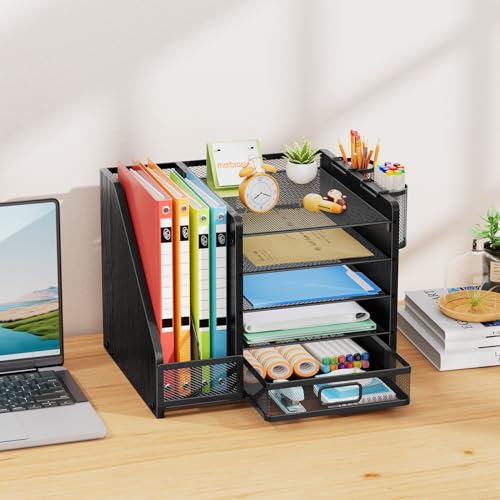 Marbrasse Desk Organizer with File Holder, 5-Tier Paper Letter Tray Organizer with Drawer and 2 Pen Holder, Mesh Desktop Organizer and Storage with Magazine Holder for Office Supplies (Wood-Black) - color: Wood-Black