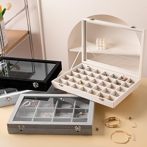 Frebeauty Velvet Jewelry Tray,35 Grid Jewelry Organizer with Clear Lid,Earring Holder Organizer Case with Clasp,Drawer Insert for Rings Studs,13.8 x 9.5 x 2 Inches,Gift for Women Girls(White) - color: White, size: 35 Grid