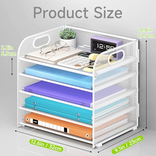 Cawukege 5 Tier Paper Organizer with Handle, White Metal Mesh Desk Organizer File Folder Paper Letter Tray Desktop Document Sorter for Classroom, School, Office Accessories Organization and Storage - color: White