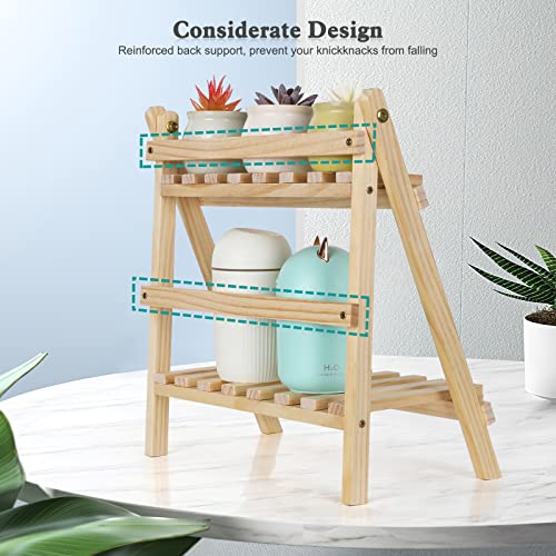 Jotsport 2-Step Desktop Storage Organizer Foldable 2 Tier Ladder Plant Stand Wood Display Shelf Decorative Storage Rack for Table Top - color: Natural