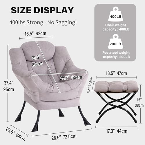 Tiita Modern Lazy Chair with Ottoman, Large Accent Armchair, Leisure Sofa Armchair with Footrest for Bedroom, Living Room, and Dorm Rooms - color: Light Grey