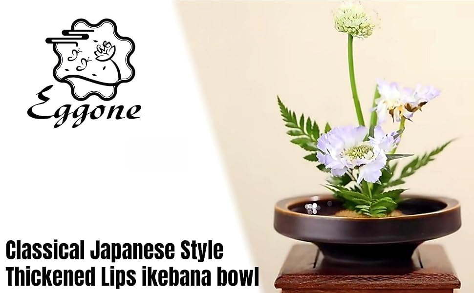 Japanese Classical Ikebana Vase Kit, Minimalist Ceramics Flower Pot Flower Shallow Container with 2.4inch Flower Frog and 2-in-1 Flower Arrangement Kenzan Needle Straightening Tool - color: Glaze Color