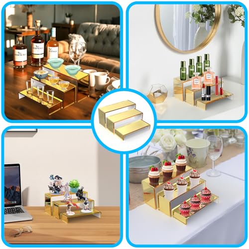 6 PCs Risers Display Stands 3 Tiers Desktop Acrylic Shelves Cake Dessert Holder Products Stand for Collectibles Shoes Jewels Pop Figure (Golden) - color: Golden