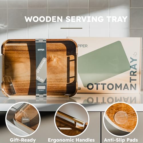 Upper Acacia Wood Ottoman Tray 17x13 Inches with Handles, Decorative Serving Tray for Coffee Table, Breakfast Tray with Anti-Skid Pads