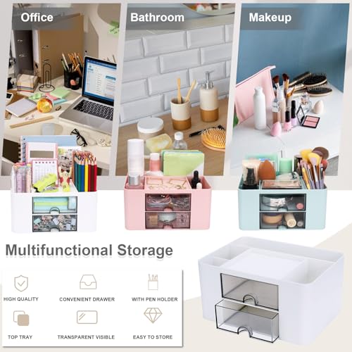 Meiikun Plastic Pen Organizer, Multifunctional Desk Organizer with 2 Drawers, 4 Compartments & a Top Tray, Pencil Holder Desktop Organizers and Accessories for Office, 7.7" x 5.5" x 3.9" (White) - color: 5 Compartments + 2 Drawer (White)