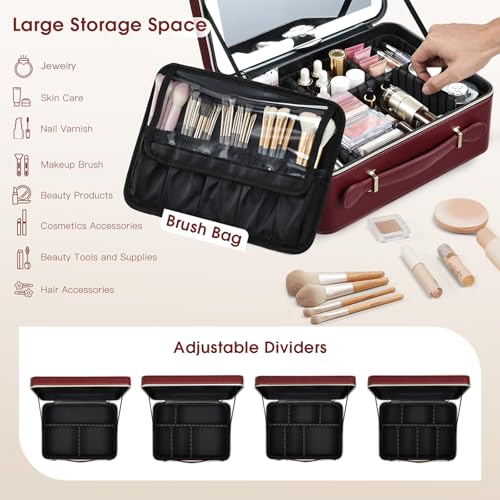 Faquenc Leather Makeup Case with LED Lighted Mirror 11.4 Inch Travel Makeup Bag Adjustable Brightness in 3 Colors Cosmetic Organizer Artist Storage Bag with Dividers Brush Holder Bag Vanity Red - color: Red 11.4 Inch, size: 2-Medium