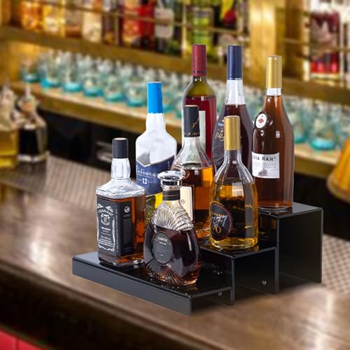 JUESHA 3 Tiers Bar Shelves for Liquor Bottles, 15" Black Acrylic Risers Display Racks Stands for Figures Pops Cupcake Perfume Collections (Patent: D1076520S) - color: Black