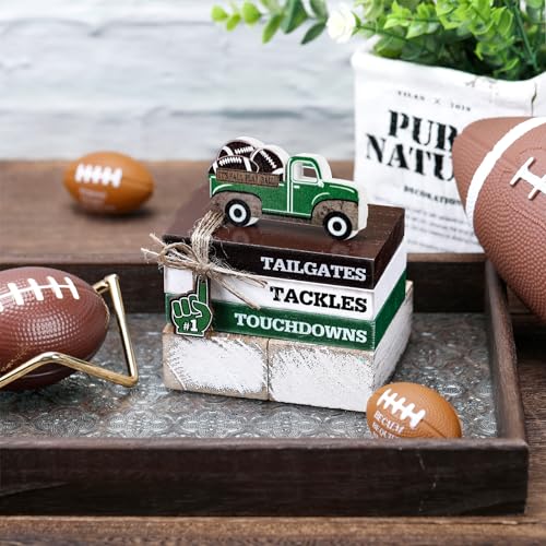Briwooody 5 Pcs Football Decoration Football Tiered Tray Decor Mini Faux Ball Wooden Book Stack Set Sport Party Decorations Decorative Book Sign for Home Locker Room Table Shelf Desk - style: Football