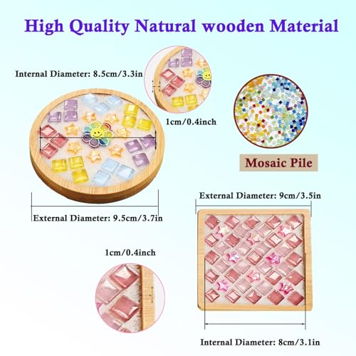 6 Sets DlY Mosaic Tiles for Crafts,Mixed Color Glass Mosaic Kits with Wooden Coaster for Adults,DlY Coasters Kit Mosaic Supplies for Handmade Home Decoration Gift (Round and Square) - style: Style 2