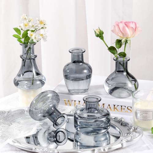 Black Gray Glass Bud Vase, 10Pcs/Set Modern Decorative Small Mini Flowers Vases, Minimalist Aesthetic Home Decor Vintage Wedding Table Centerpieces for Single Flower Rose - color: Black & Gray