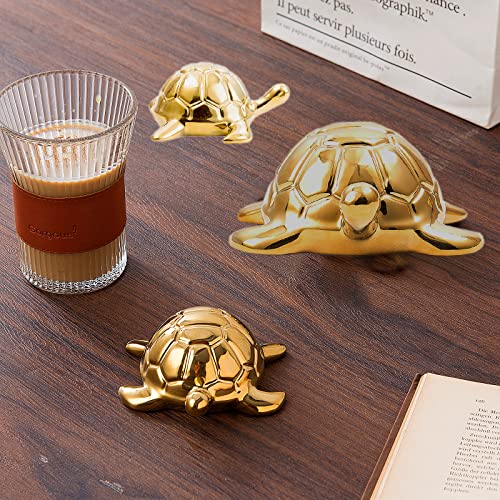 Golden Turtle Statue Set,Sculptures Gold Turtle Ornament Ceramic Statue Home Accessories Gold Desk Home Indoor Decorative Collectible Decor or Elders (3 Pieces) - color: D-b-gold