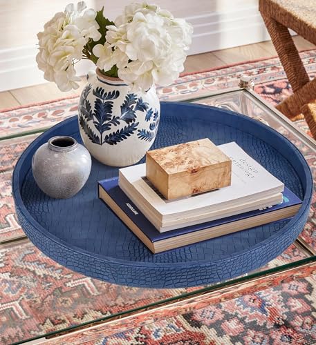 HofferRuffer Round Serving Tray 20'', Elegant Faux Leather Circle Ottoman Table Tray, Serve Tea Coffee Breakfast in Bedroom Living Room Kitchen (Blue, 20") - color: Blue, size: 20"