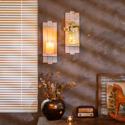 Farmhouse Candle Sconces Wall Decor: Set of Two Rustic Wood Wall Candle Holder - Distressed White Candle Sconces for Bedroom Living Room Bathroom - color: Distressed White, size: 15.7in x 5.1in