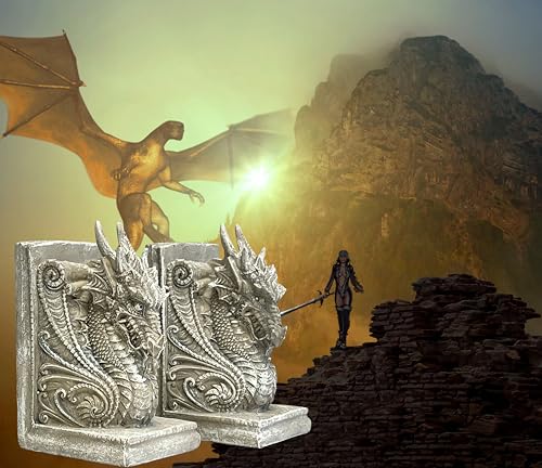 Bellaa 26201 Decorative Bookend Dragon Statues Book Stopper for Bookshelf 8 Inch Non Skid Heavy Duty Vintage Gifts - color: Stone