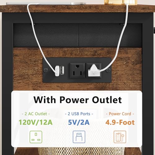 Gewudraw Printer Stand with Charging Station, 2-Tier Under Desk Printer Table, Side Table with Storage Shelves for Home Office, Living Room, Bedroom, Bathroom, Brown - color: Rustic Brown, size: 2 layer & CS