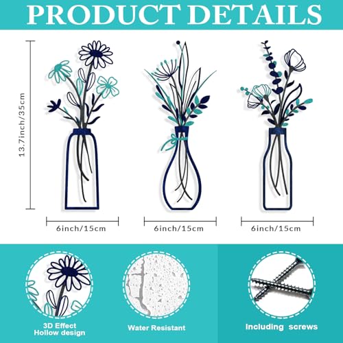 Pigort 3 Pieces Metal Flowers Wall Arts - Rustic Farmhouse Style Décor Metal Wall Art Black Minimalist Flower Natural Themed Wall Decors for Home Bedroom Dining Room Housewarming (Blue) - color: Blue