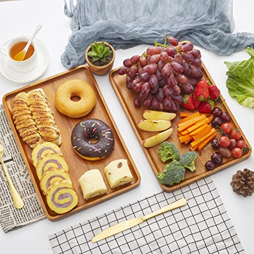 2 PCS 13 x 9 in Solid Acacia Wood Serving Trays Rectangular Wooden Serving Platters Natural Wooden Boards for Bar Coffee Party - color: Brown, size: 13 * 9 inch