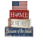 CroBlissful 4 Pcs Memorial Day Decorations Patriotic 4th of July Tabletop Decor Red White Blue Table Centerpieces Wood Block God Bless Sign for Tiered Tray Home Shelf Mantel - style: Flag