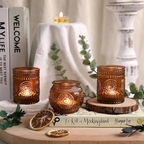 DARJEN 24Pcs Amber Votive Candle Holders - Vintage Glass Candle Holder, Candle Holders Bulk for Wedding & Home Decoration, Tea Lights Candle Holders for Festival Party Gift - color: Amber