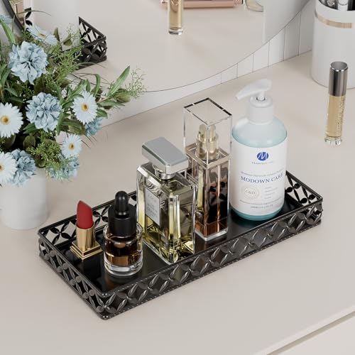 EKNITEY Vanity Tray for Bathroom Counter - Small Rectangle Decorative Tray 11 Inch Black Batroom Countertop Tray Organizer for Perfume Makeup Cosmetic Jewelry - color: Rectangle Floral-black