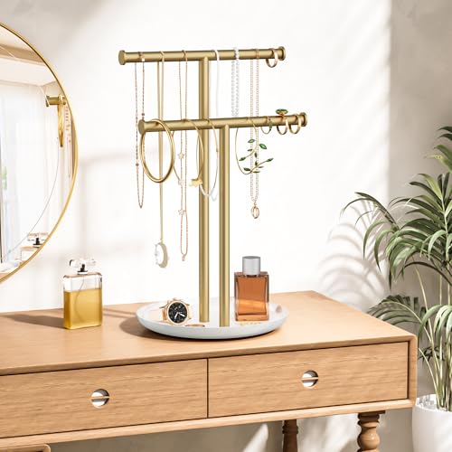 Gold Necklace Rack Stand with Storage Tray - 2 Rods T-Shaped Jewelry Holder Stand for Bracelets, Earrings, Rings | Elegant Vanity & Dresser Top Storage for Women. - color: Gold