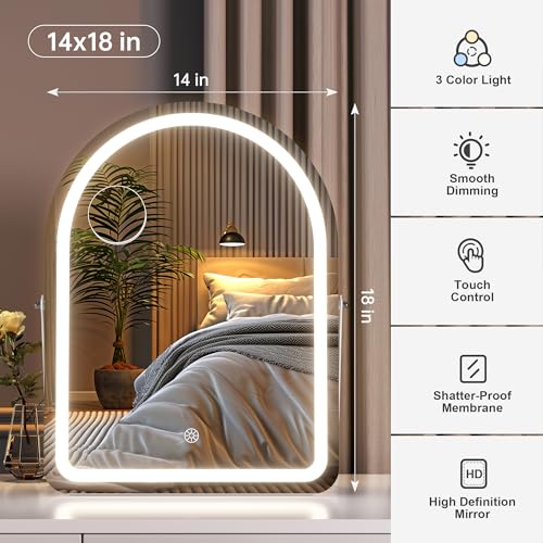 Hasipu Vanity Mirror with Lights and Bluetooth Speaker, 13.8"× 18" Arched LED Makeup Mirror, Lighted Makeup Mirror with Lights, Smart Touch Control Dimmable 3 Modes Light 360°Rotation White - size: 13.8"L x 18"W