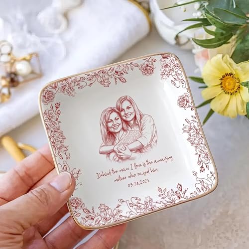 Customized Mother of the Groom Ceramic Ring Dish, Personalized Wedding Day Keepsake for Mom in Law, To My New Mother Photo Jewelry Tray, Engagement Party Present Trinket Bowl, Bridal Shower Honor - color: Design 05