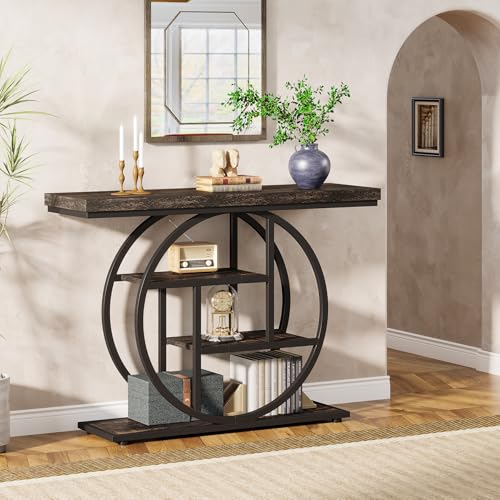 Tribesigns 41.3" Console Table, Industrial 4-Tier Sofa Table Entryway Table with Circle Base, Narrow Wood Accent Tables with Storage Shelves for Living Room, Hallway, Foyer, Charcoal Black - color: Charcoal Black