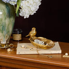 SOFFEE DESIGN Resin Jewelry Tray, Gold Leaf-shaped with Standing Bird, Ring Dish, Decorative Organizer for Entrance Vanity Dresser Bathroom, Bridal Gift Idea